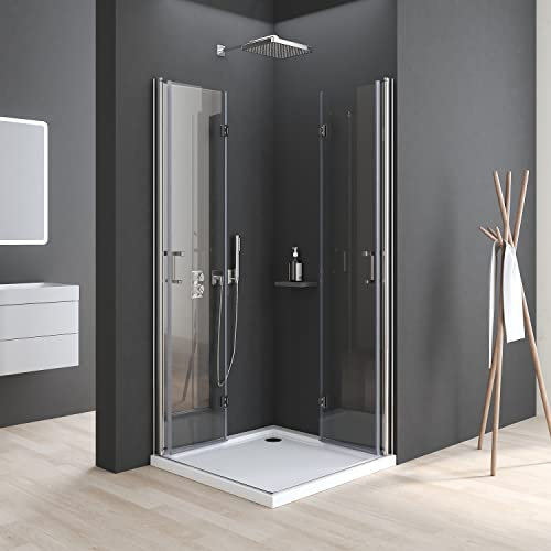 Duschkabine Eckeinstieg 100x100x195cm Doppel Falttüren Duschtüren 6mm NANO Beschichtung ESG Glas 180º Eckig Dusche Duschabtrennung Duschwand