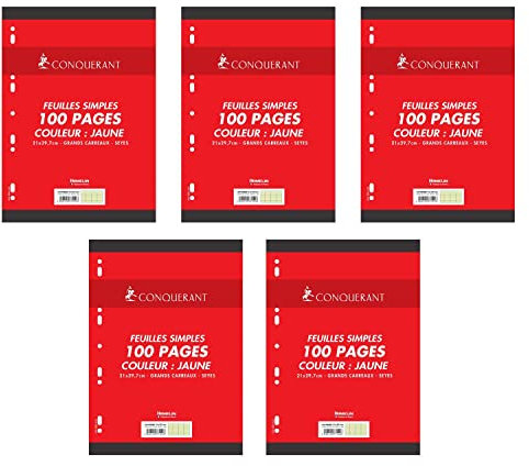 CONQUÉRANT Lot de 5 Feuillets mobiles 21x29,7 cm 100 pages grands carreaux jaunes 80g
