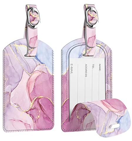 [2 Stück] Fintie Kofferanhänger aus Kunstleder, Gepäckanhänger ID Etikett mit Adressschild Namenschild für Reisetasche Koffer, Glorreicher Marmor