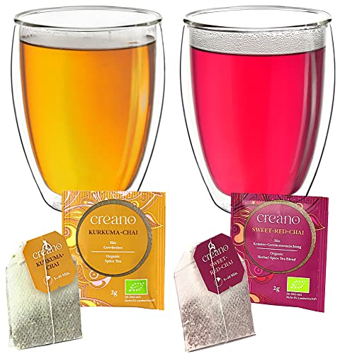Creano doppelwandige Gläser 400ml „DG-Hoch“, 2er Set + 2x hochwertiger Creano Kräutertee oder Früchtetee gratis