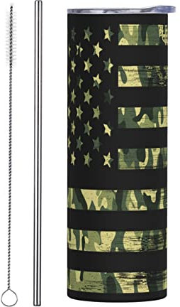 USA American Flag Camo Tumbler Cup 20 oz, Stainless Steel Mug Vaccum Insulated Skinny Tumblers with Lid and Straw Double Wall Feak Proof Coffee Travel Mug Birthday Gift for Women Men