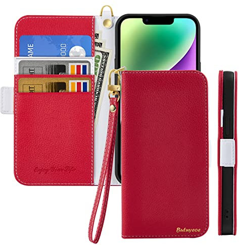 Butnyeoe Handyhülle für iPhone 14 Klappbar Hülle,Litschi Textur Leder Wallet Schutzhülle Tasche Flip Cover Case,Magnetic Closure Klapphülle mit Kartenfach Standfunktion,Rot