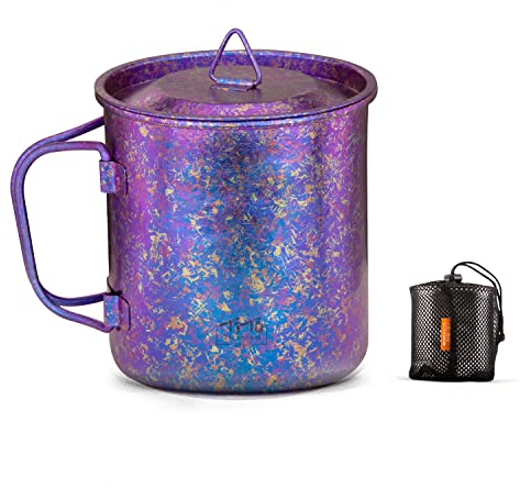 TiTo Titanium Tasse de camping, thé, café - Ultra légère et portable - 450 ml - Poignée pliable en titane avec couvercle - Pour l'extérieur, la randonnée, le pique-nique, le feu ouvert (violet)