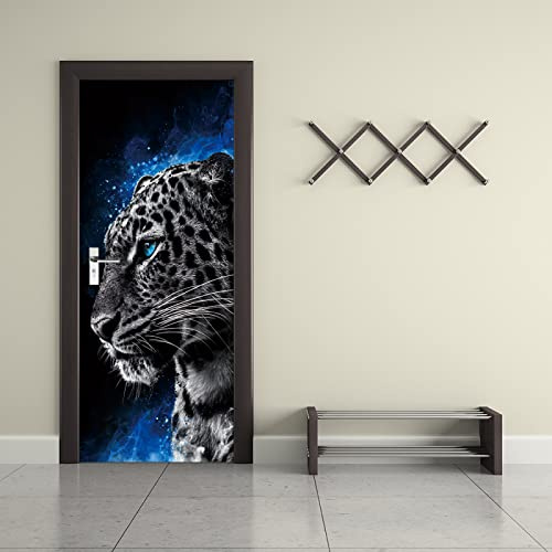 3D Türposter Türtapete Grau & Leopard Türtapete selbstklebend TürPoster Fototapete Türfolie Poster DIY Selbstklebende Wandbild PVC Wasserdichte Tapete B77 x H200cm