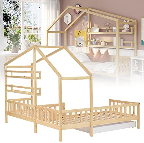 kubeier Kinderbett Hausbett Spielbett Abenteuerbett 90x200 cm+140x70cm, Massivholz Kinder Bett mit Zaun und Lattenrost, L-Struktur, Vielseitiges Holz Kinderbett für Jungen & Mädchen