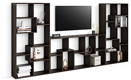 Mobili Fiver, Parete TV Iacopo, Noce Scuro, 321 cmx28 cmx160.8 cm, Mobile Tv moderno per tv fino a 65'', Made in Italy