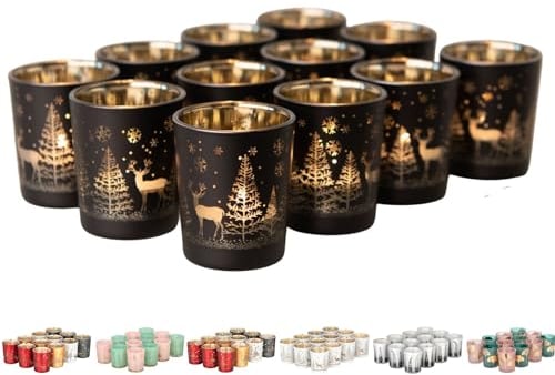 Kamelio 12er Set Teelichthalter Weihnachten Glas Windlicht Weihnachten Teelichtgläser Teelichtglas Kerzengläser Weihnachtsdeko Teelicht Weihnachts Windlichter Glas Deko