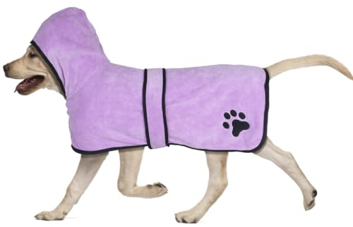 COMFPET Hunde-Bademantel mit Kapuze, Saugfähiger Hunde Bademantel zum Trocknen nach dem Baden, Handtuch für Katzen und Hunde Aller Rassen, XS (Lila)