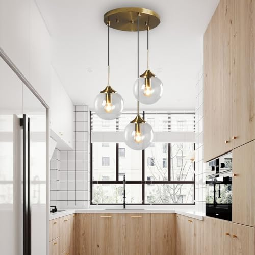 RuiRfh Lámpara de araña industrial retro 3 luces lámpara colgante estilo pastoral cuerpo metal de latón antiguo con pantalla de bola de cristal E27 luces de techo restaurante cocina isla bar cafetería
