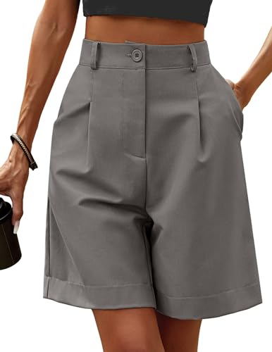 Zeagoo Pantaloncini Donna Estivi Vita Elastica a Vita Alta Bermuda Pantaloncini Casual Gamba Larga Lavoro con Tasche Grigio XL