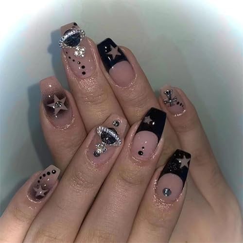 24pcs French False Nails Black Star Stick on Nails Rhinestone Press on Nails Removable Glue-on Nails Fake Nails Women Girls Nail Art Accessories