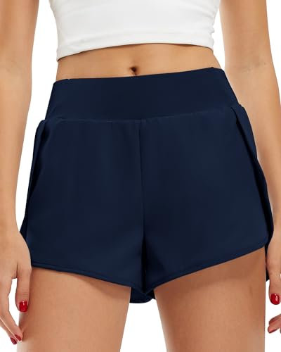 Libin Damen 2 in 1 Laufhose Kurz, Leichtes Stretch Sport Kurze Hosen Sommer Fitness Yoga Shorts,Navy Blue,M