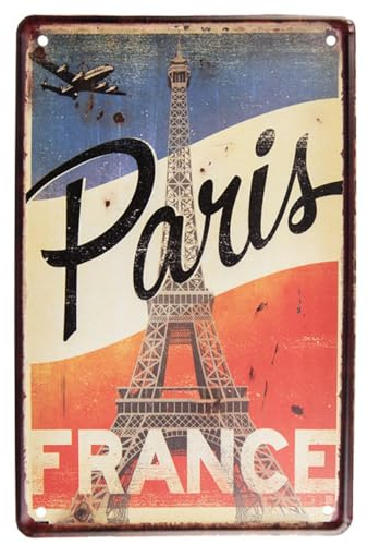 itsisa Blechschild Paris Frankreich Eiffelturm Retro Vintage 20x30 cm - Metall Schild, Nostalgie Deko Schild, Wandtafel, Textschild