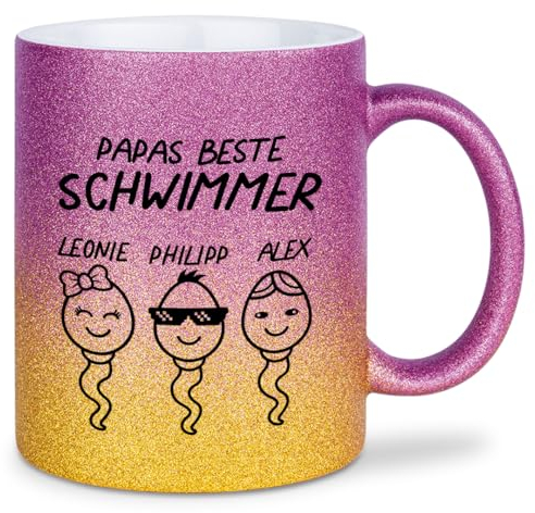 glitzertassen.de® | Papas Beste Schwimmer - personalisiert | Tasse mit Glitzer | Geschenkidee | personalisiert | Vatertag | Papa Geschenk | Kaffeetasse | lustige Sprüche | Violettgold