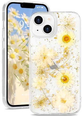 L-FADNUT for iPhone 14 Case/iPhone 13 Case, Cute Real Dried Flowers with Sparkle Glitter Design, Clear Shockproof Handmade Pressed Floral Phone Case Silicone Protective Cover for Women Girls White