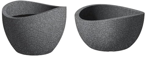 Scheurich Wave Globe, Pflanzgefäß aus Kunststoff, Schwarz-Granit & Wave Globe Bowl, runde Pflanzschale aus Kunststoff, Schwarz-Granit, 40 cm Durchmesser, 21 cm hoch, 12 l Vol.