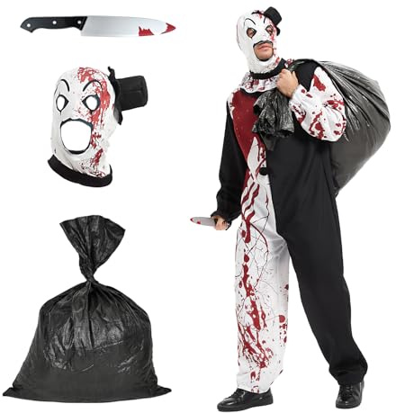Ulikey Art Clown Kostüm, Halloween Kostüm Herren Horror Clown, Kostüm Killer Set mit Hut Dolch Schwarze Große Tasche, Schwarz Weiß Jumpsuit, Terrifier Clown Cosplay Halloween Karneval Party
