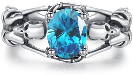 Offener Totenkopf Ring für Damen Sterling Silber Gothic Totenkopf Schwarze Kristallringe Halloween Cosplayer Ring Rock Punk Schmuck Geschenk für Frauen und Mädchen (Blau)
