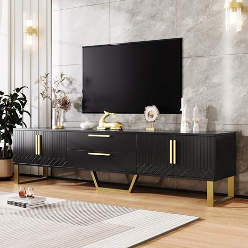 Merax TV Schrank 170L x 40B x 53H cm, TV Lowboard mit Schubladen, Moderner Fernsehtisch mit Goldenen Griffen und Füßen, TV Tisch für Wohnzimmer und Esszimmer, Schwarz