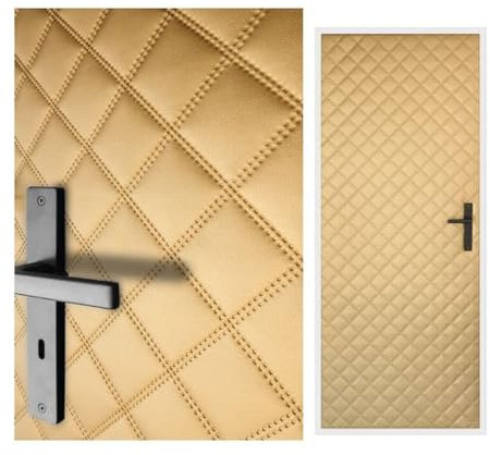 Türverkleidung 115x215 cm Türpolsterung Schallschutz Komplettpaket XXL Wärmedämmung Tür Reparatur für Innentüren Kunstleder Steppung 7x7 cm (Hellgold)
