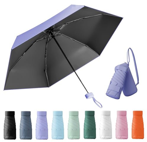 Wydexint Kleiner Regenschirm, portable folding umbrella, mini reise regenschirm, leichter Reiseschirm, taschenschirm, UV-faltbar mit Kapselbox, reisewasser- und winddicht für Männer und Frauen(Lila)
