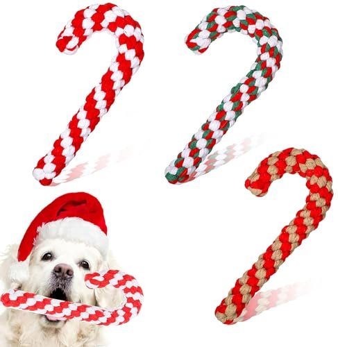 Bipl 3 Stück Weihnachten Hundespielzeug, Weihnachts Zuckerstange Seil, Zuckerstange Hunde Kauspielzeug, Weihnachten Seil Baumwolle Kauspielzeug, Interaktives Hunde Spielseil für Zahnreinigung