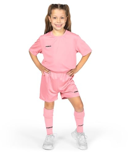 FORZA Barn klassisk kortärmad fotbollssats | komplett fotbollsset med skjorta, shorts och strumpor - pojkar & flickor kläder, Rosa, 11-12 Years