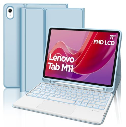 WINCHKING Funda con teclado para Lenovo Tab M11 de 11 pulgadas 2024, teclado para tablet Lenovo Tab M11, iluminación de 7 colores, magnéticamente extraíble con disposición QWERTZ (panel táctil azul