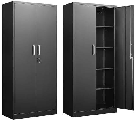 Approgreent Metal Storage Cabinet with Adjustable Shelves, Garage Cabinet with 2 Lockable Doors, Garage Storage Cabinet, Kitchen Pantry Cabinet - 71'H, Black