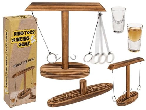 BLUECHOLON Trinkspiel mit Ringwerfer, Geschicklichkeitsspiel aus Holz für Tequila-Schnaps, Drinking Game.