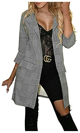 GOSTYLES® Womens Gingham Houndstooth Check Print 3/4 Sleeve Duster Coat Jacket, Ladies Elegant Casual & Formal Wear Longline Blazer Plus Size 8-22 (UK, Numeric, 24, 26, Regular, Regular, Mono Check)