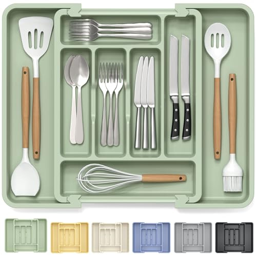 Caperci Silverware Drawer Organizer for kitchen (Sage Green) | Expandable Drawer Organizer for Cutlery, Flatware & Gadget, Wider Compartments & Non-skid Feet, Thick BPA-Free (Sage Green)