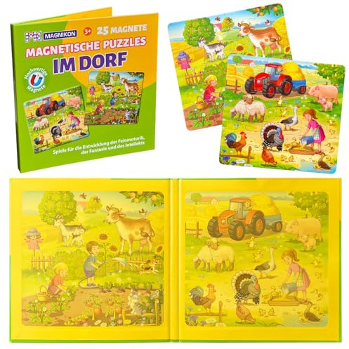 MAGNIKON Magnetpuzzle im Dorf 25 Teile, Magnet Puzzles ab 2 Jahren, Magnetische Puzzles, Beschäftigung Flugzeug Kinder, Magnetspiel, Reisespiel, Spiele für unterwegs
