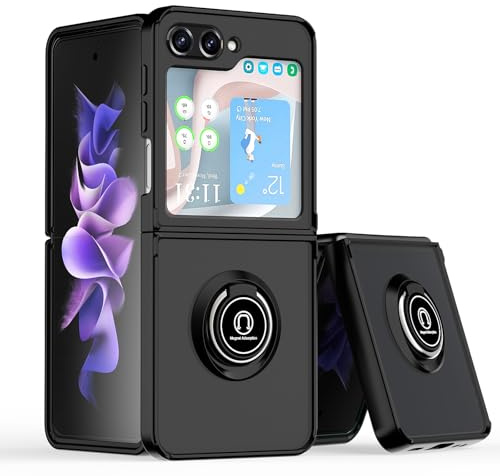 ELISORLI Phone Case for Samsung Galaxy Z Flip 5 5G 2023 Translucent Matte with Tempered Glass Screen Protector Finger Ring Rotating Stand Magnetic Car Mount Cover ZFlip5 Z5 G Flip5 5Z Women Men Black