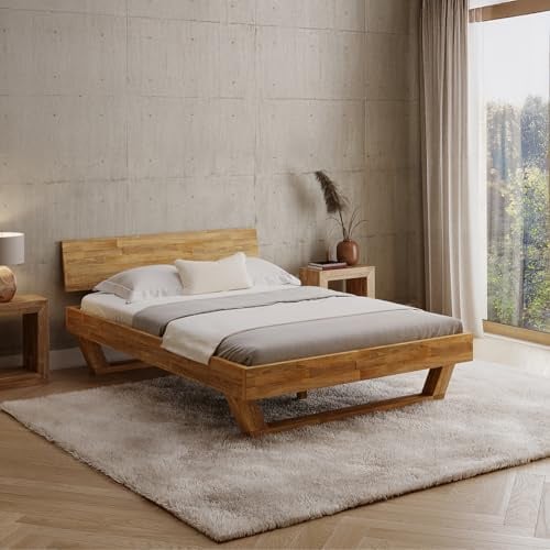 skølm Nornir Massivholzbett 140x200 cm, Bett mit Kopfteil, Massivholz Eiche | Bettrahmen mit 1 Strebe & Kufen Bettbeine, aus Massivholz, hochwertiges Holzbett, Bettgestell geölt, geeignet als Doppelbett