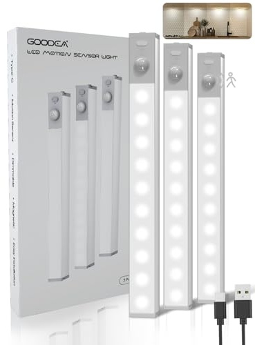 GOODEA Small Wardrobe Lights Motion Sensor with USB Rechargeable 18cm, 3pcs | 10 LED, Aluminium Stair Light Battery Operated ,Under Counter Lights Rechargeable Wardrobe Lighting for Shelf Closet Cupboard