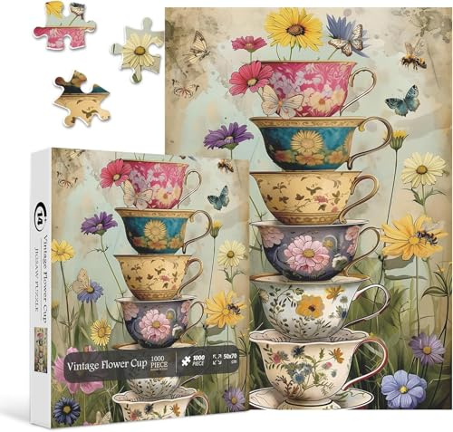 Vintage Flower Cup Puzzle for Adults 1000 Pieces, Nature Challenging Spring Floral Plant Puzzles, Retro Cups Garden Puzzle with Butterfly and Bee as Home Wall Art Decor