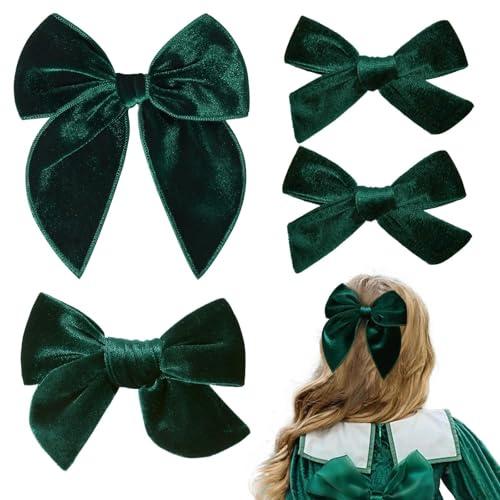 BellaBlend Fiocchi per capelli in velluto verde scuro – Set di 4 pezzi con clip per alligatore, fiocchi fatti a mano per bambine (verde scuro)