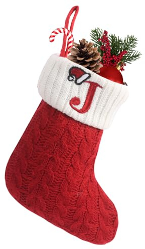 Srvillg Alphabet Christmas Stockings, Knitted Xmas Stocking, Letter Personalised Xmas Stockings Hanging, for Fireplace Christmas Tree Decorations (Red-J)