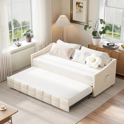 Aneutr Schlafsofa, 90 x 200 cm, Doppelbett ausziehbar, Doppelbett Bettsofa, Rahmen aus Massivholz, Samtstoff