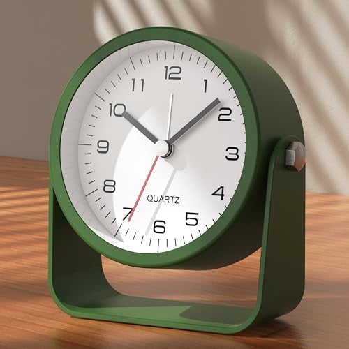 AYRELY 3,5Zoll Analog Wecker–geräuschloser Wecker ohne Ticken, Tischuhr mit verstellbarem Winkel, batteriebetrieben mit Licht (Dunkelgrün)