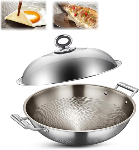 UCK-KIT Titanium Hammered Wok with Double Handles, 2026 New Multifunctional Ultra-Durable Scratch-Resistant Non Stick Even Heating Titanium Wok for Cooking,with Lid,17.72IN