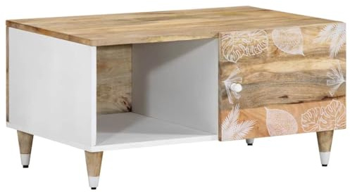 HFXHIJXQ Mango Table basse en bois massif 80 x 50 x 40 cm Blanc laqué Design moderne avec porte Table basse Table d'appoint peu encombrante pour salon, chambre à coucher, couloir