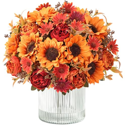 MEIVINES Herbst Blumenstrauß 4 Bündel Künstliche Sonnenblumen Herbst Deko | Künstliche Herbstblumen pfingstrosen künstlich wie echt Seidenblumen Kunstblumenstrauß für Tischdeko Küche Herbst Dekoration