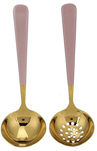 2pcs louche à soupe et cuillères à fentes, cuillère à soupe à long manche ustensile en acier inoxydable(Or rose)
