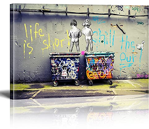 Banksy Bilder auf Leinwand Life is Short Chill The Duck Out Graffiti Street Art Wand Bild Pop Art Gemälde Kunstdruck Modern Wandbilder XXL Wanddekoration Mit Rahmen 90x60cm