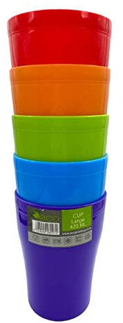 ECO 4 Pack Hard 420ml Plastic Cups Reusable | Stackable Plastic Tumblers for Parties | Multi Color Toddler Cup for Everyday Use | Unbreakable Kids Cups for Picnics & BBQ (Large 420ml, Rainbow)
