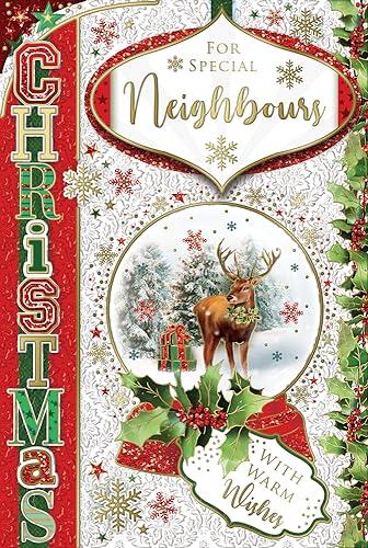 Express Yourself Weihnachtskarte für besondere Nachbarn - Rot-weißes Thema mit beigefügtem Karte-Hirschbild und attraktivem Styling mit warmen Wünschen.