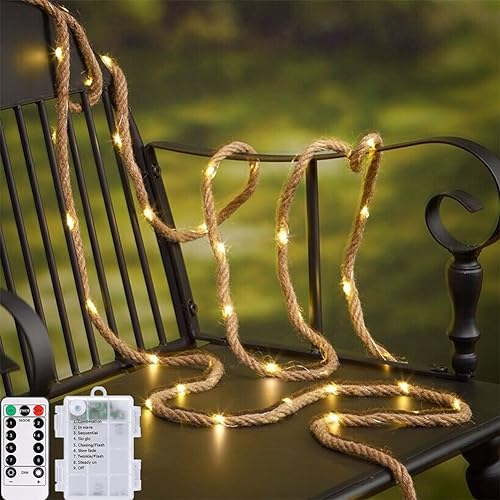 Corda luminosa in iuta, 2 m, 6 mm, 40 LED, alimentata a batteria, 8 modalità con telecomando, per giardinaggio, campeggio, impacchettamento, arte, spago, decorazioni natalizie, feste di nozze