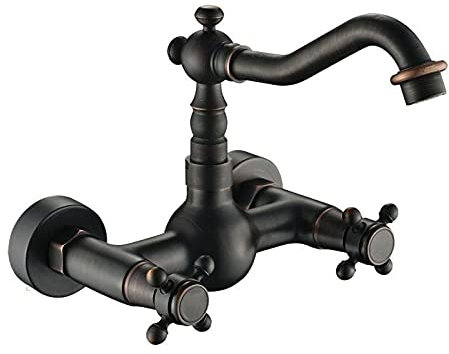 Rubinetto Vintage,Rubinetti Da Esterno Rubinetto for bagno in bronzo nero con doppia maniglia a parete, con bocca girevole, rubinetto miscelatore caldo e freddo